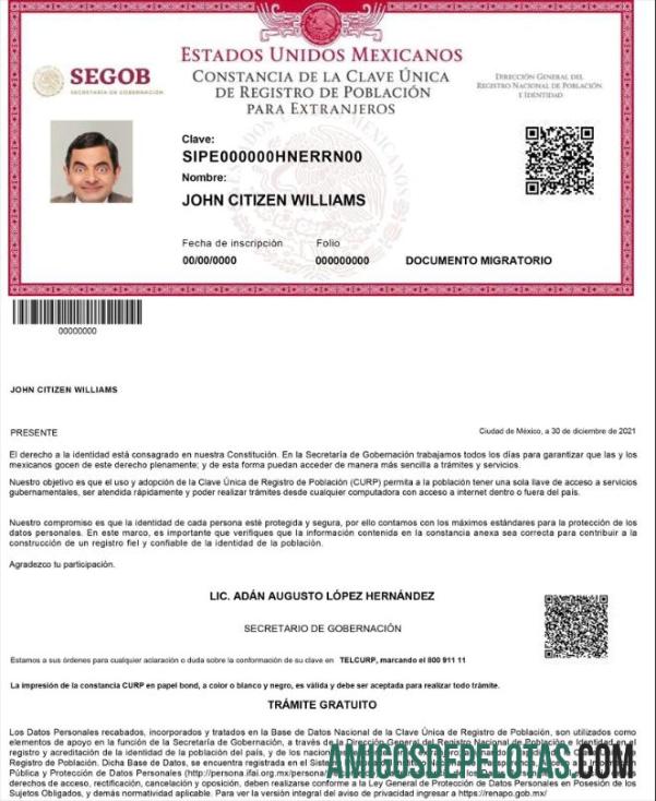 Registro Populacional do México (Número CURP) modelo